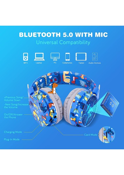 Okul Için Erkek Çocuklar Için Dinozor Kulaklıklar, Mikrofon ve 3,5 mm Jaklı Bluetooth Çocuk Kulaklıkları, Tablet/pc Için Ayarlanabilir Kafa Bantlı Gençler Için Kablosuz Kulaklıklar (Yurt Dışından) modelleri