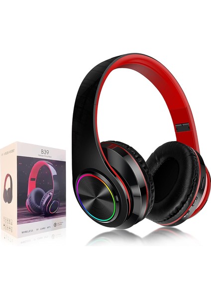 Bluetooth Kulak Üstü Kulaklıklar, Dahili Mikrofonlu Katlanabilir LED Stereo Kulaklıklar, Pc/akıllı Telefon/tv Için Gürültü Önleyici Kablosuz Kulaklık (Siyah ve Kırmızı) (Yurt Dışından)