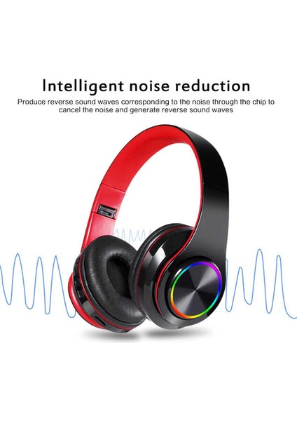 Bluetooth Kulak Üstü Kulaklıklar, Dahili Mikrofonlu Katlanabilir LED Stereo Kulaklıklar, Pc/akıllı Telefon/tv Için Gürültü Önleyici Kablosuz Kulaklık (Siyah ve Kırmızı) (Yurt Dışından)
