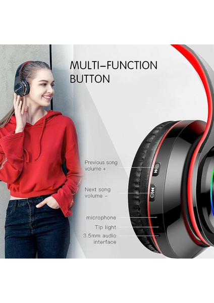 Bluetooth Kulak Üstü Kulaklıklar, Dahili Mikrofonlu Katlanabilir LED Stereo Kulaklıklar, Pc/akıllı Telefon/tv Için Gürültü Önleyici Kablosuz Kulaklık (Siyah ve Kırmızı) (Yurt Dışından)