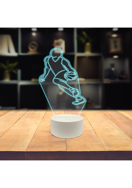 , Müzik 3D LED Masa Lambası, Caz Trompet I 8" x 10" Beyaz Taban Basketbol Adam Maç Hoop Topu Oynarken (Yurt Dışından)