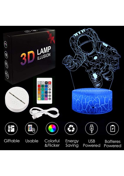 3D Gece Işığı Lambası, Astronot Illüzyonu Gece Uçuşu (Yurt Dışından)