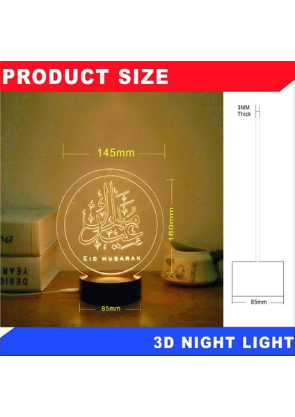 USB ile Güçlendirilmiş Yaratıcı 3D Eıd Mübarek LED Gece N (Yurt Dışından)