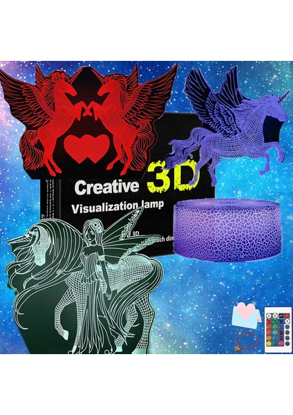 3in1 3D Illusion Denizkızı Gece Işığı Lambası 16 Renkli Unicorn-3in1 (Yurt Dışından)