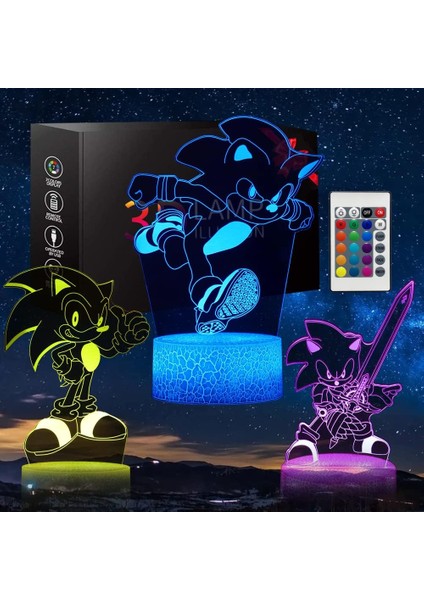 3D Kirpi Anime Gece Lambası -Led Illusion Lamba 1 Sonic-3 (Yurt Dışından)