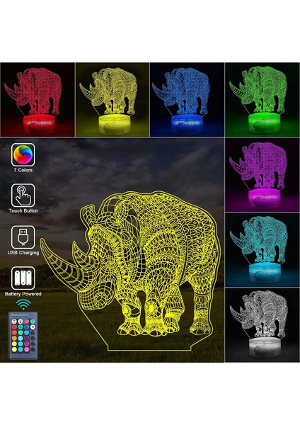 Çocuklar Için 3D Panda Gece Lambası, 3D LED Illusio Gergedan (Yurt Dışından)
