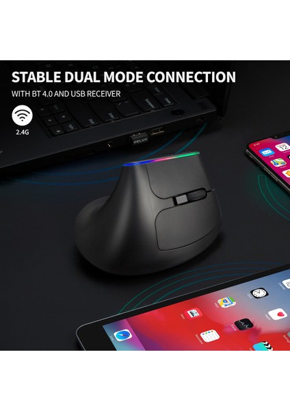 Delux M618C Kablosuz Sessiz Ergonomik Dikey 6 Düğmeler Oyun Faresi USB Alıcısı Rgb 1600 Dpı Optik Fare Pc Laptop Için (Yurt Dışından)