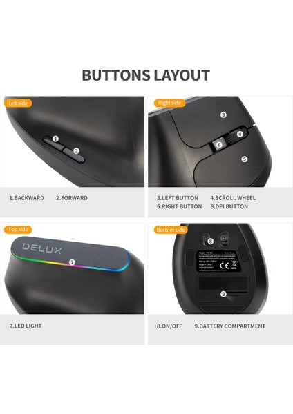 Delux M618C Kablosuz Sessiz Ergonomik Dikey 6 Düğmeler Oyun Faresi USB Alıcısı Rgb 1600 Dpı Optik Fare Pc Laptop Için (Yurt Dışından)
