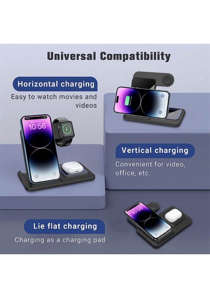 3'ü 1 Arada Kablosuz Şarj Standı Pedi Katlanabilir iPhone 14 13 12 11 Xs x Apple Watch 8 Pro 30W Hızlı Şarj Istasyonu (Yurt Dışından) modelleri