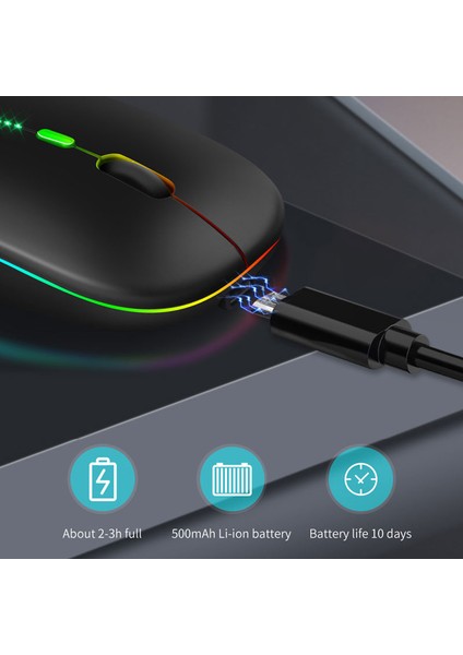 Bluetooth 5.0 Kablosuz Fare Dizüstü Bilgisayar Pc Macbook Oyun Faresi 2.4 Ghz USB Şarj Edilebilir Rgb Işık Güç Göstergesi (Yurt Dışından)