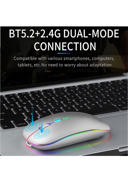 Bluetooth 5.0 Kablosuz Fare Dizüstü Bilgisayar Pc Macbook Oyun Faresi 2.4 Ghz USB Şarj Edilebilir Rgb Işık Güç Göstergesi (Yurt Dışından)