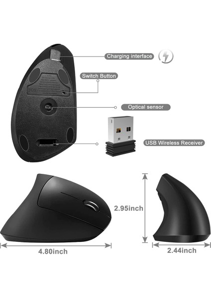 H1 Şarj Edilebilir Ayarlanabilir Dpı Kablosuz Ergonomik Dikey Fare 2.4 Ghz 2400 Dpı Dizüstü/macbook/pc Için Dikey Fareler (Yurt Dışından)