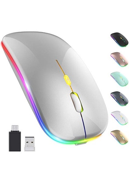 LED Kablosuz Fare, Şarj Edilebilir Ince Sessiz Fare 2.4g Taşınabilir Mobil Optik Ofis Faresi, USB ve Tip-C Alıcı, 3 Ayarlanabilir Dpı (Gümüş) ST-001 (Yurt Dışından)
