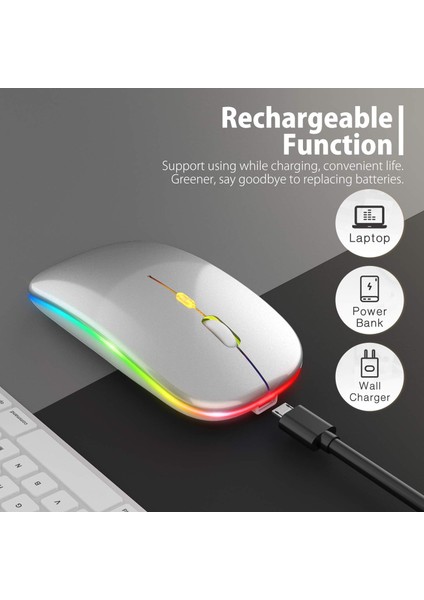 LED Kablosuz Fare, Şarj Edilebilir Ince Sessiz Fare 2.4g Taşınabilir Mobil Optik Ofis Faresi, USB ve Tip-C Alıcı, 3 Ayarlanabilir Dpı (Gümüş) ST-001 (Yurt Dışından) fiyatları