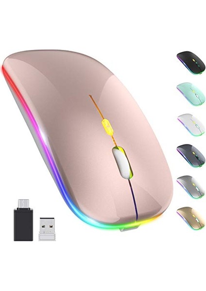 LED Kablosuz Fare, Şarj Edilebilir Ince Sessiz Fare 2.4g Taşınabilir Mobil Optik Ofis Faresi, USB ve Tip-C Alıcı, 3 Ayarlanabilir Dpı (Rosegold) ST-001 (Yurt Dışından)