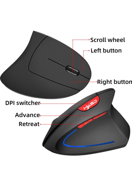 Dikey Kablosuz Fare 2,4 Ghz Fare Ergonomik Tasarımı 2400 Dpı (Siyah Kırmızı) (Yurt Dışından)
