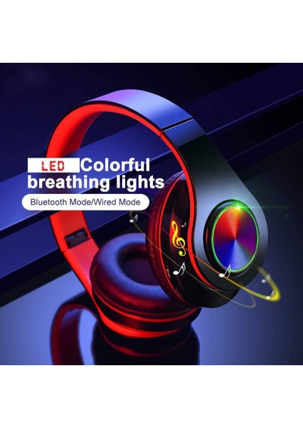Bluetooth Kulaklıklar Derin Bas LED Katlanabilir Stereo Kulaklıklı Kulak Üstü Kulaklıklar, Akıllı Telefon/tv/pc Için Kablolu ve Kablosuz Kulaklık (Kırmızı/siyah) (Yurt Dışından)
