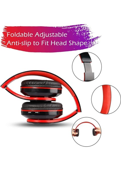 Bluetooth Kulaklıklar Derin Bas LED Katlanabilir Stereo Kulaklıklı Kulak Üstü Kulaklıklar, Akıllı Telefon/tv/pc Için Kablolu ve Kablosuz Kulaklık (Kırmızı/siyah) (Yurt Dışından)