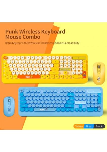 K K68 Klavye Mouse Combo 2.4ghz Kablosuz Sevimli Retro Yuvarlak Klavye Mouse Seti Punk Klavye Mouse Combo Sarı (Yurt Dışından)
