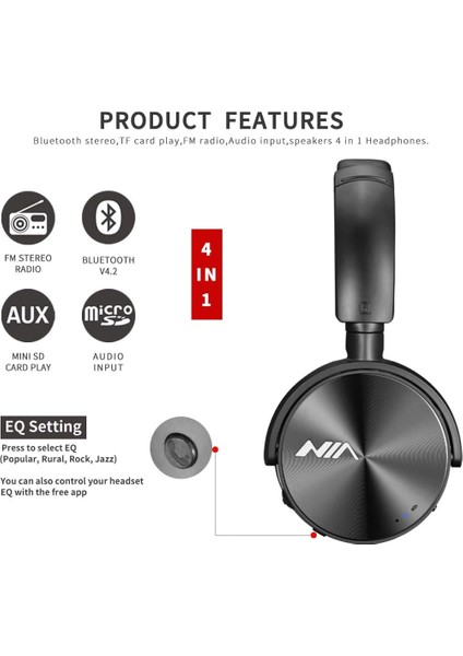 Bluetooth Kablosuz Kulak Üstü Kulaklık Fm Stereo Radyo Kulaklık Mikro Sd Kart Mp3 Çalar Pc/cep Telefonu/seyahat/iş Için Dahili Lityum Pil ve Mikrofon (Siyah) (Yurt Dışından)