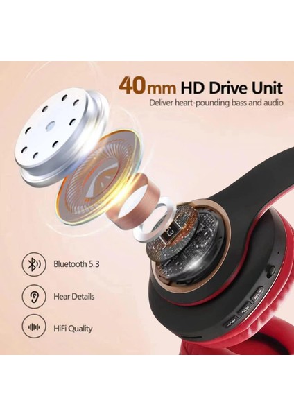 Mikrofonlu Kulak Üstü Bluetooth Kulaklık, Katlanabilir Kablosuz ve Kablolu Stereo Kulaklık Mikro Sd/tf, Fm, Yumuşak Kulaklıklar ve Uzun Süreli Kullanım Için Hafif (Siyah ve Kırmızı) (Yurt Dışından)