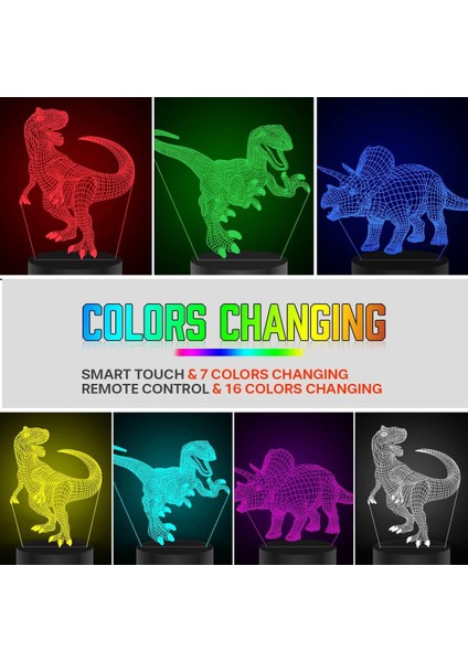 3D Dinozor LED Gece Lambası - 3 Desenle Gel (Yurt Dışından)
