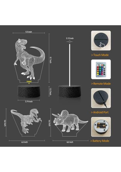 3D Dinozor LED Gece Lambası - 3 Desenle Gel (Yurt Dışından)
