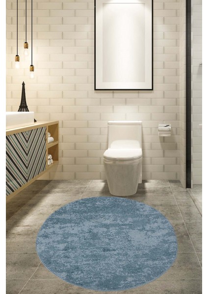 Nova Mavi Yuvarlak 100X100 cm Banyo Halısı Kaymaz Tabanlı Makinede Yıkanabilir Banyo Paspası