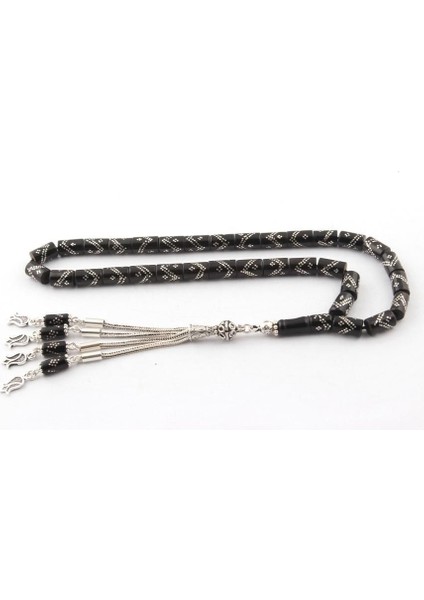 Kesme Oltu Tesbih 925 Ayar Gümüş Işlemeli Püsküllü