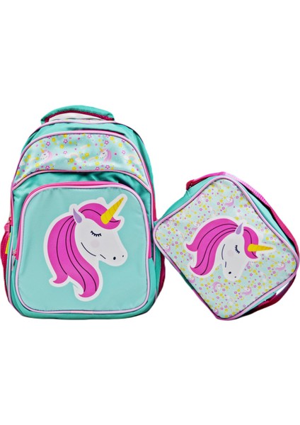 3 Bölmeli Ilkokul Okul Sırt Çantası ve Beslenme Çantası Unicorn Turkuaz-Pembe