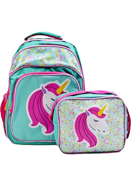 3 Bölmeli Ilkokul Okul Sırt Çantası ve Beslenme Çantası Unicorn Turkuaz-Pembe