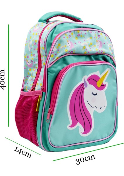 3 Bölmeli Ilkokul Okul Sırt Çantası ve Beslenme Çantası Unicorn Turkuaz-Pembe