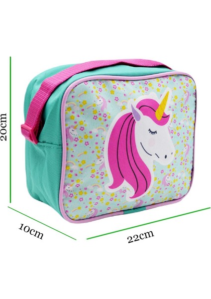3 Bölmeli Ilkokul Okul Sırt Çantası ve Beslenme Çantası Unicorn Turkuaz-Pembe