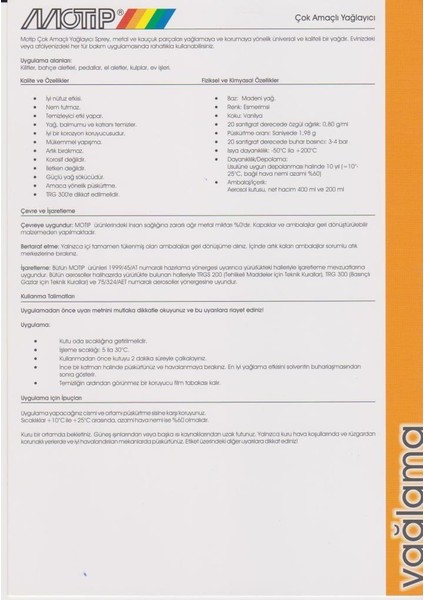 Çok Amaçlı Yağlayıcı Sprey 200 Ml.