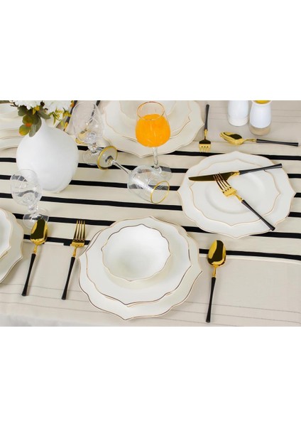 Adler Gold Çizgili Sade Bone China 24 Parça Yuvarlak Beyaz Yemek Takımı