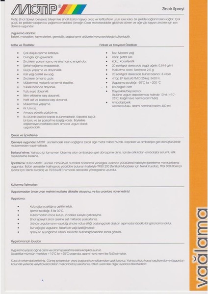 Zincir Yağlama Spreyi 400 Ml.