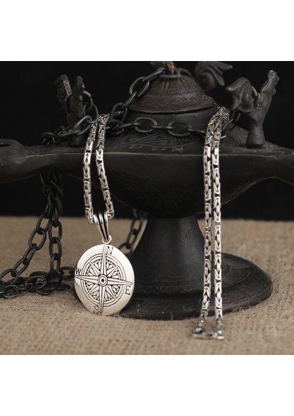 925 Ayar Gümüş Kral Zincirli Pusula Molde Kolye