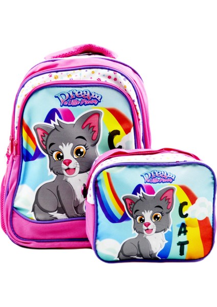 3 Bölmeli Ilkokul Okul Sırt Çantası ve Beslenme Çantası Kedi Pembe