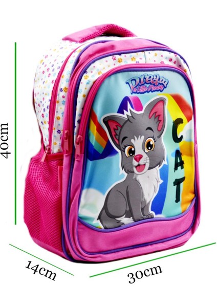 3 Bölmeli Ilkokul Okul Sırt Çantası ve Beslenme Çantası Kedi Pembe
