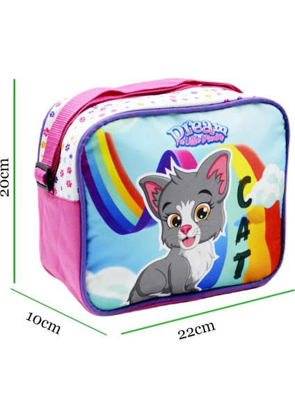 3 Bölmeli Ilkokul Okul Sırt Çantası ve Beslenme Çantası Kedi Pembe