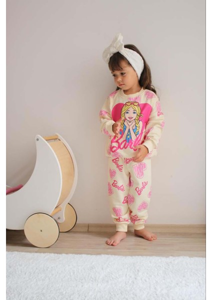 Kız Çocuk Barbie Baskılı Pamuk Eşofman Takımı