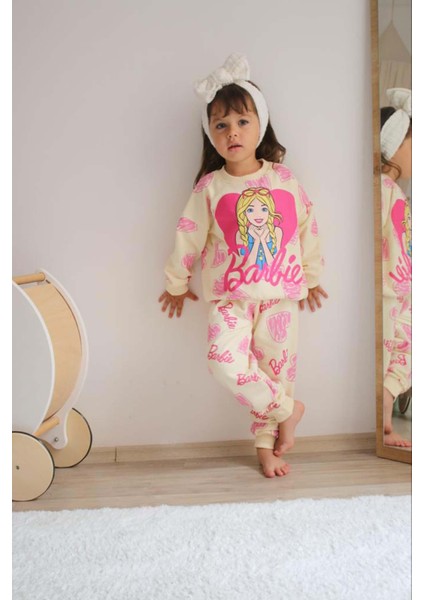 Kız Çocuk Barbie Baskılı Pamuk Eşofman Takımı