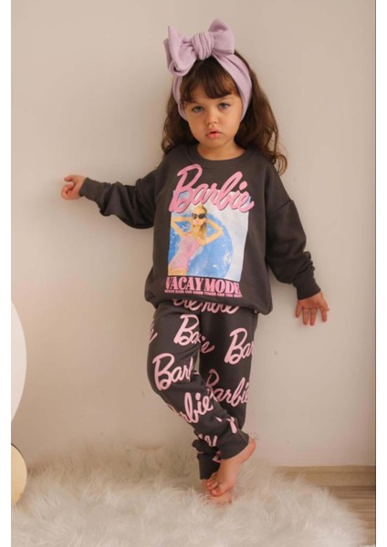 Kız Çocuk Barbie ve Mickey Baskılı Bisiklet Yaka Eşofman Takımı
