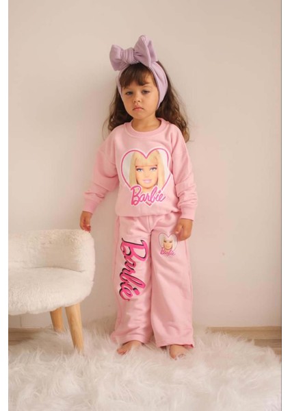 Yeni Sezon Kız Çocuk Barbie Baskılı Bisiklet Yaka Pamuk Eşofman Takımı