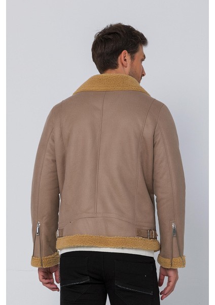 Erkek Regular Fit İçi Yünlü Fermuar Detaylı Deri İşçilikli Klasik Deri Mont