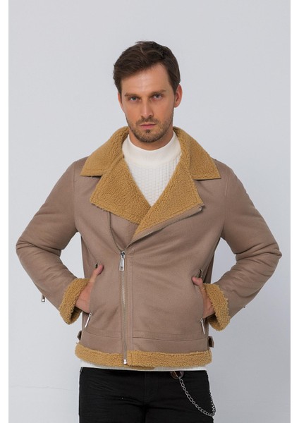 Erkek Regular Fit İçi Yünlü Fermuar Detaylı Deri İşçilikli Klasik Deri Mont