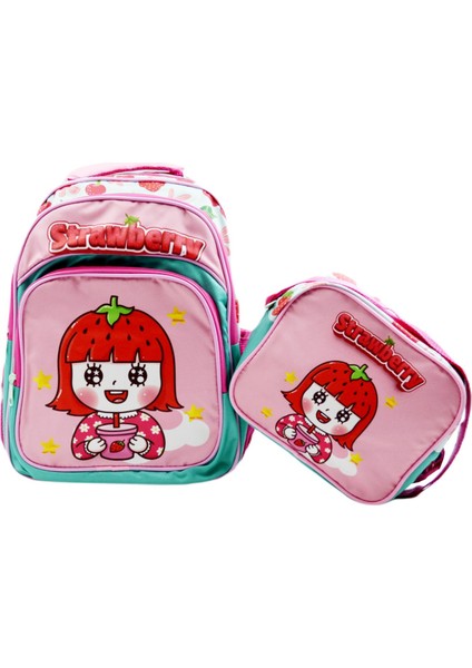 3 Bölmeli Ilkokul Okul Sırt Çantası ve Beslenme Çantası Strawberry Turkuaz-Pembe