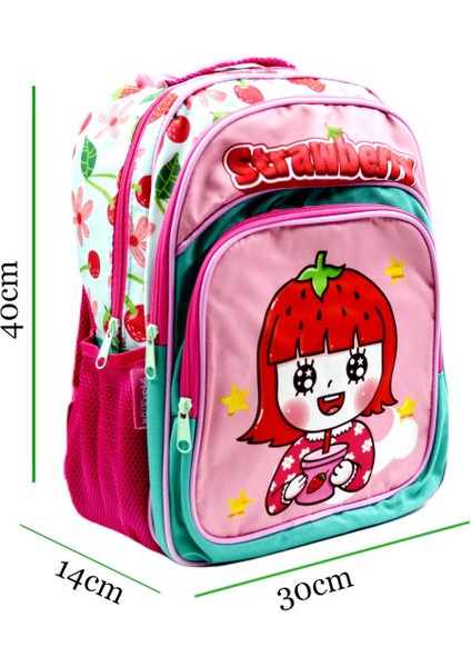3 Bölmeli Ilkokul Okul Sırt Çantası ve Beslenme Çantası Strawberry Turkuaz-Pembe