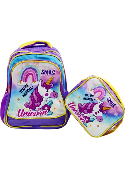 3 Bölmeli Ilkokul Okul Sırt Çantası ve Beslenme Çantası Unicorn Mor