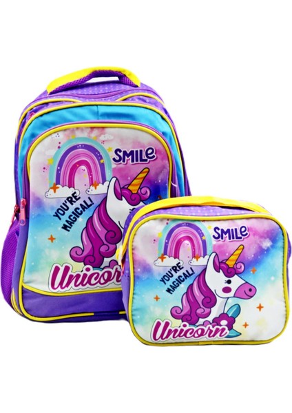 3 Bölmeli Ilkokul Okul Sırt Çantası ve Beslenme Çantası Unicorn Mor fiyatları